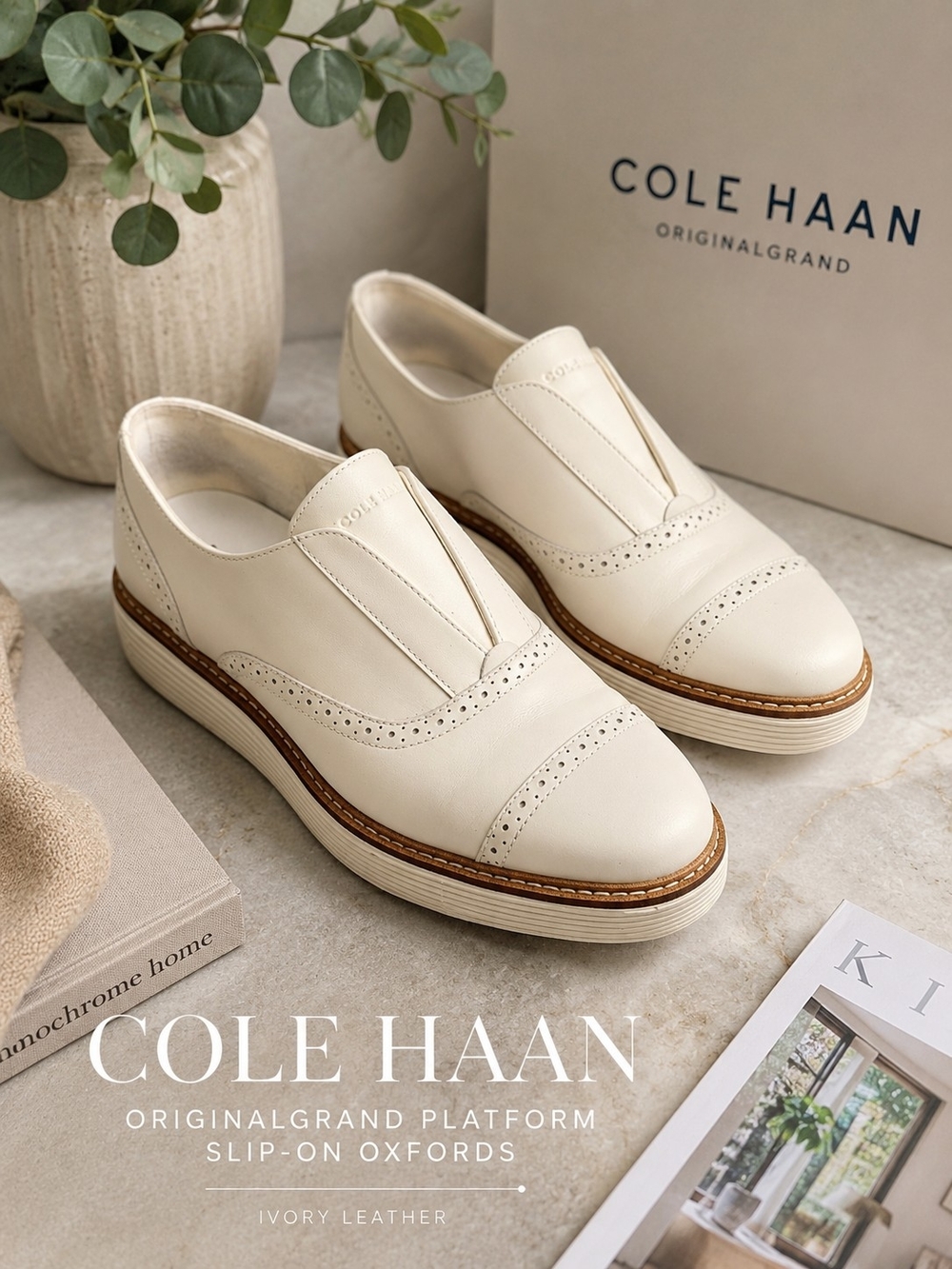 Cole Haan OriginalGrand Platform Slip On Oxfords Ivory Leather 8.5